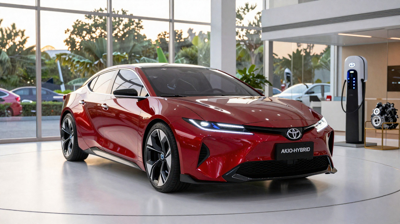 Carro híbrido vermelho Toyota Akio estacionado em showroom moderno com grandes janelas e área de recarga elétrica.