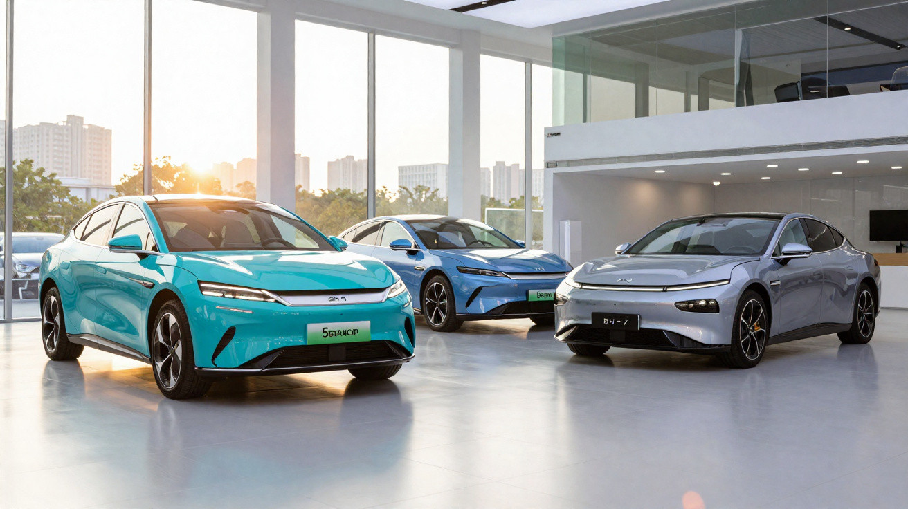 Três carros elétricos modernos em cores azul, azul claro e cinza exibidos em showroom com grandes janelas e luz natural.