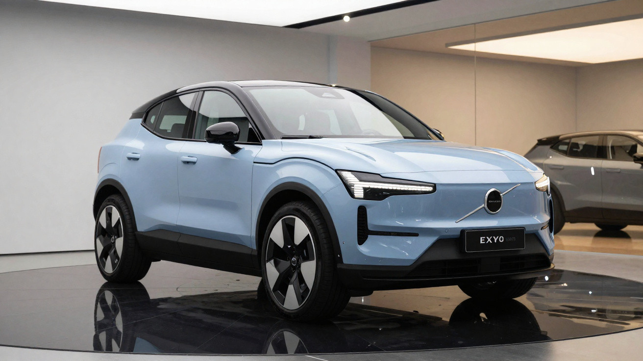 Carro elétrico Volvo EX90 azul claro exposto em ambiente interno moderno com luzes embutidas no teto.