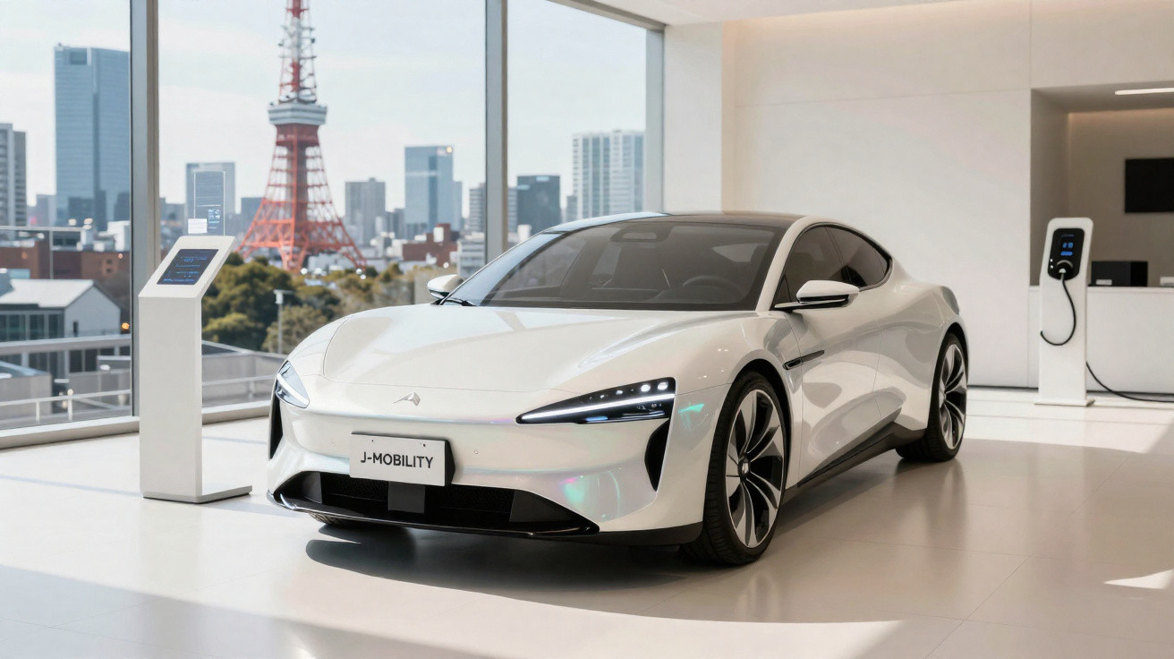 Carro elétrico branco moderno em showroom com vista para prédios e torre ao fundo.