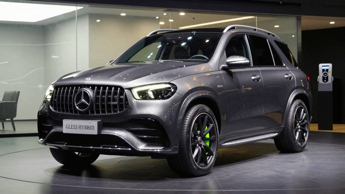 SUV Mercedes-Benz GLE53 Hybrid cinza exibido em showroom moderno com rodas pretas e detalhes verdes.