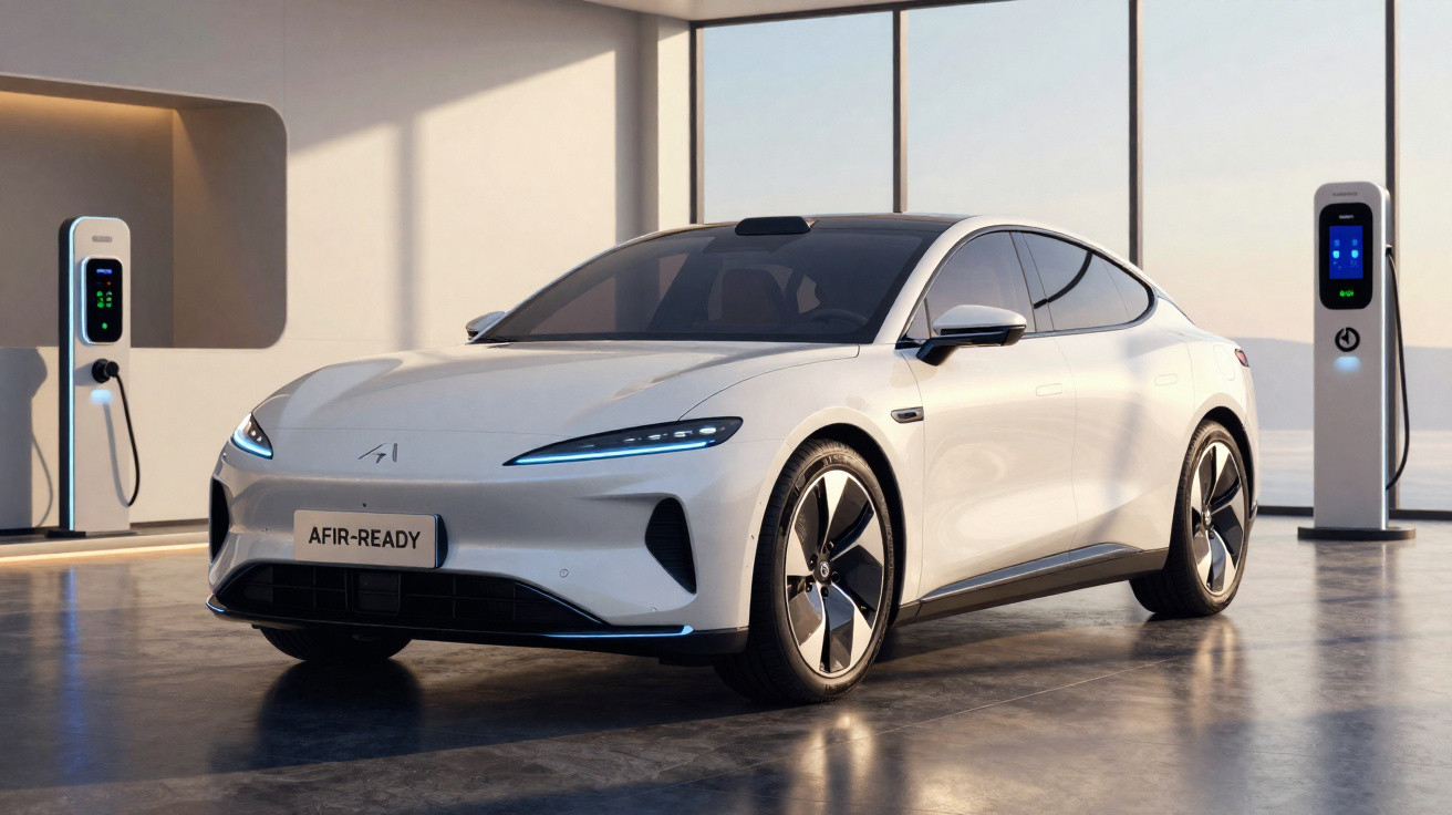 Carro elétrico branco estacionado em garagem moderna com estações de carregamento ao fundo.