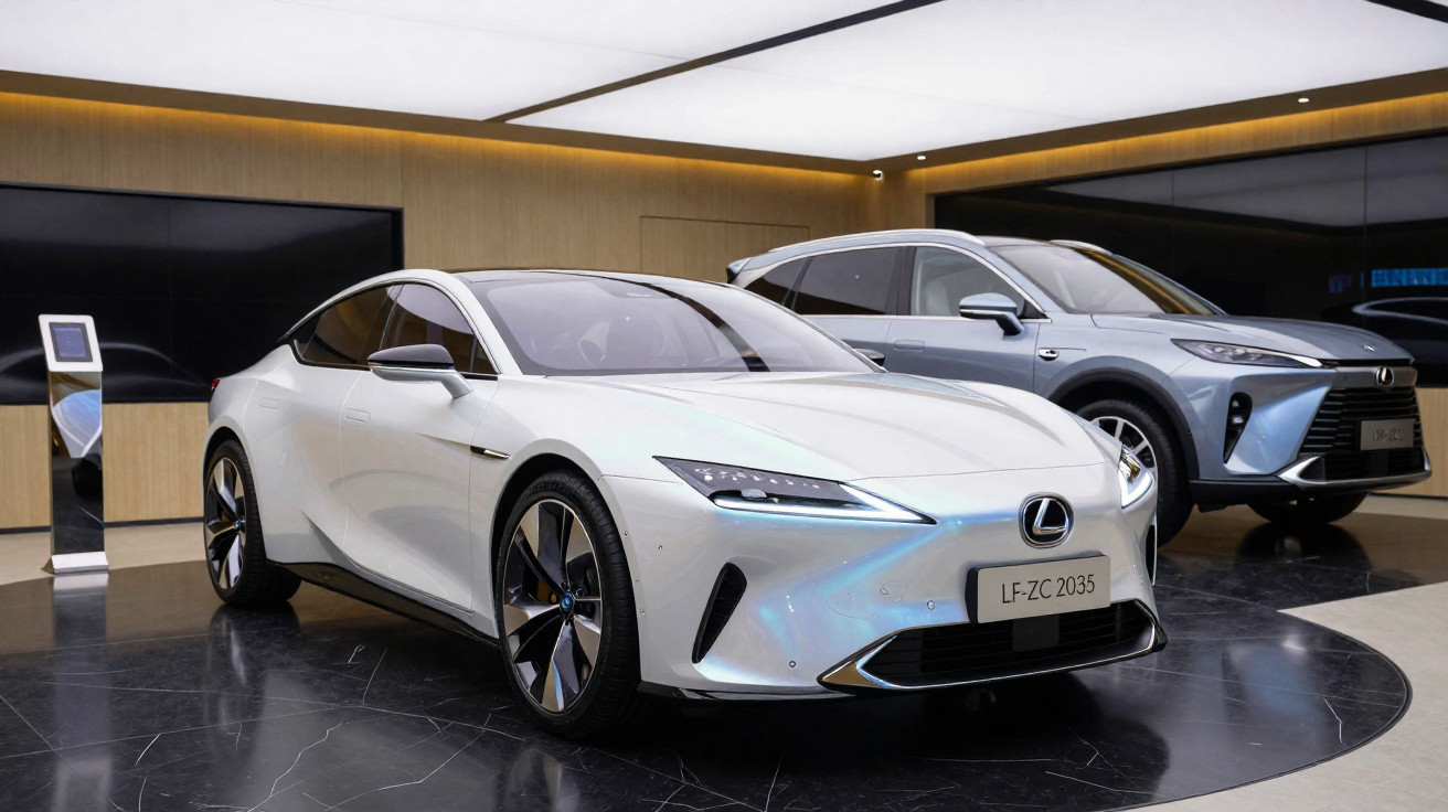 Dois carros Lexus em exposição, um branco esportivo e outro cinza SUV, em ambiente moderno e iluminado.