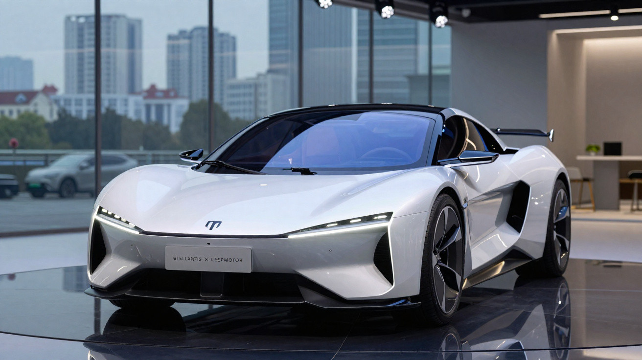 Carro esportivo elétrico branco com design futurista exposto em showroom moderno.