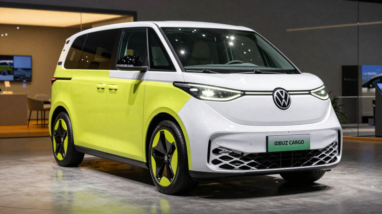 Van elétrica Volkswagen ID.Buzz Cargo branca e verde em exposição interna, com design moderno e futurista.