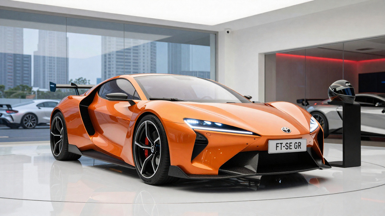 Carro esportivo Toyota laranja FT-SE GR em exposição dentro de showroom moderno e iluminado.