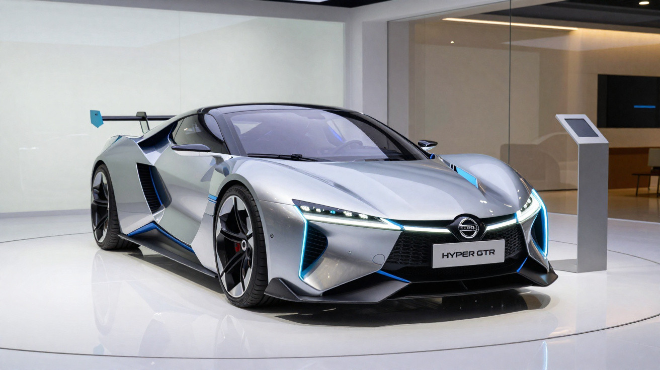 Carro esportivo Nissan Hyper GTR prata em exposição com luzes azuis e design futurista.