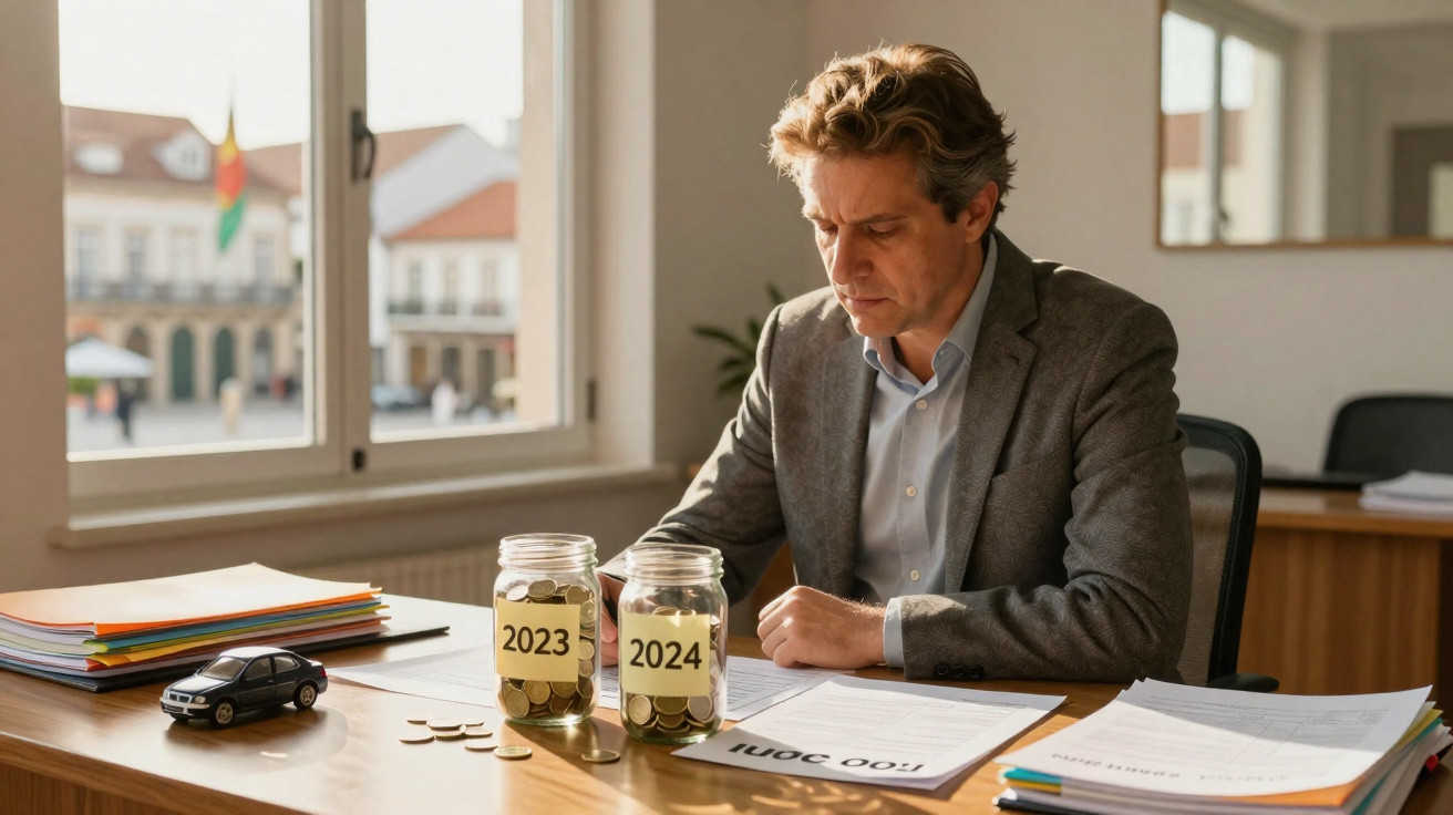 Homem sentado à mesa com potes de moedas rotulados como 2023 e 2024, analisando documentos no escritório.