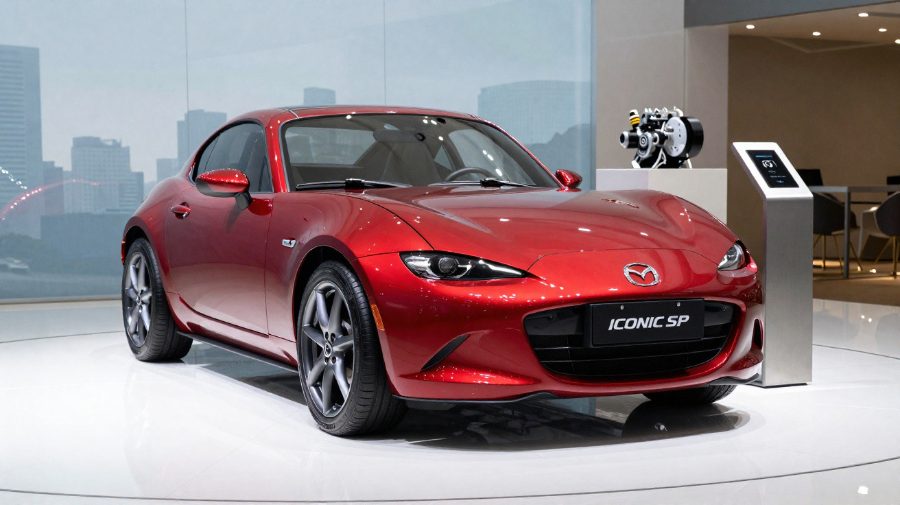 Carro esportivo vermelho Mazda Iconic SP exibido em plataforma branca dentro de showroom moderno.
