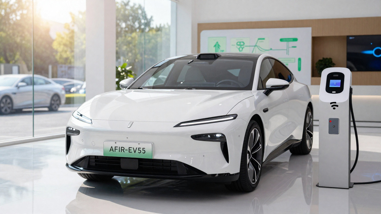 Carro elétrico branco estacionado em showroom moderno ao lado de estação de recarga.