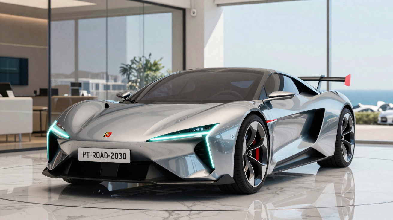 Carro esportivo prata futurista em showroom moderno com faróis de LED acesos e aerofólio traseiro.