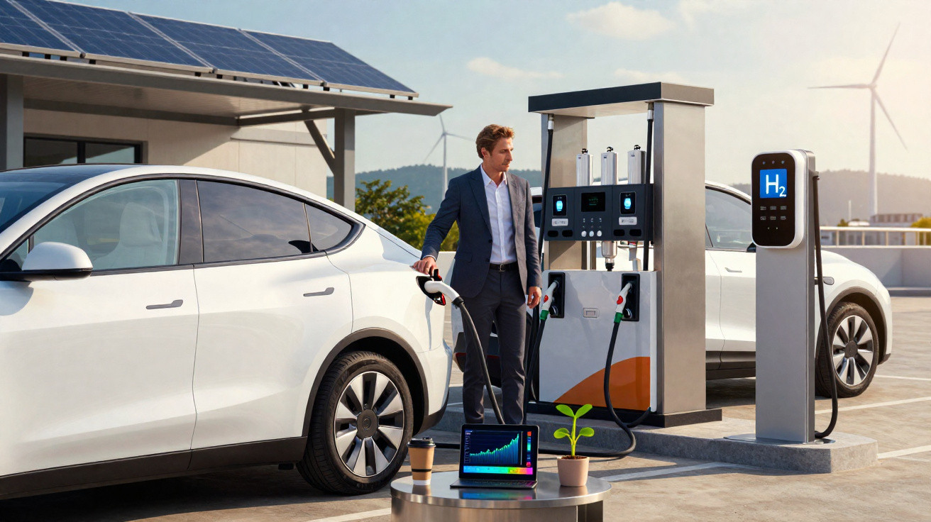 Homem abastecendo carro elétrico em posto de hidrogênio com painéis solares e turbinas eólicas ao fundo.