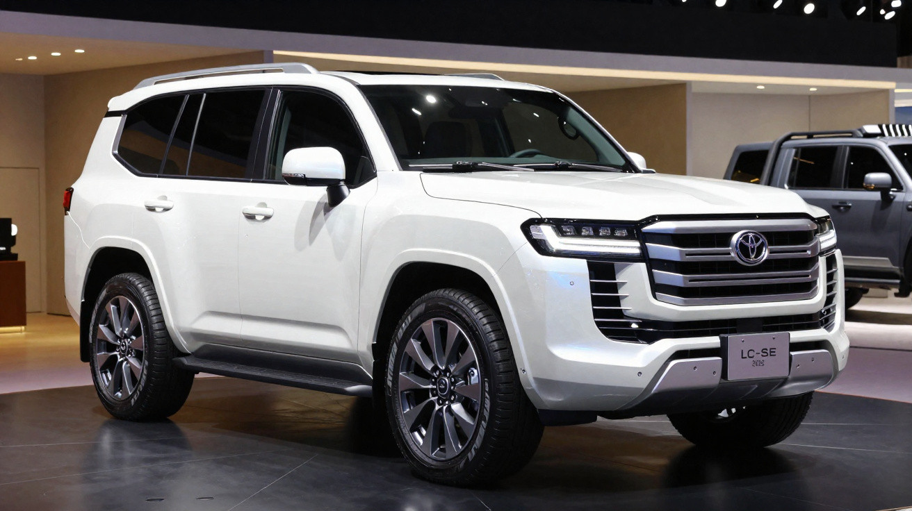SUV Toyota branco estacionado em ambiente interno, com design moderno e rodas prata escuro.
