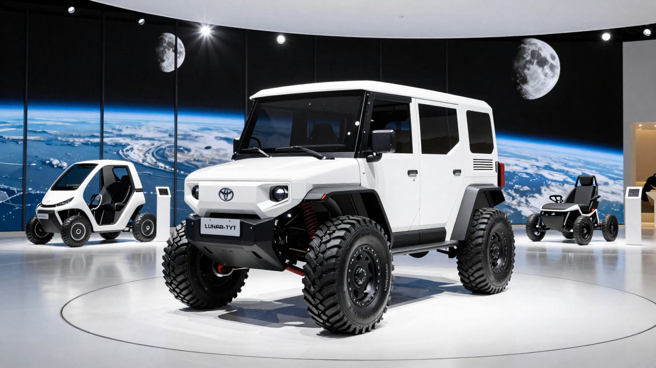 Exposição de veículos elétricos Toyota brancos em ambiente futurista com painel da Terra e Lua ao fundo.