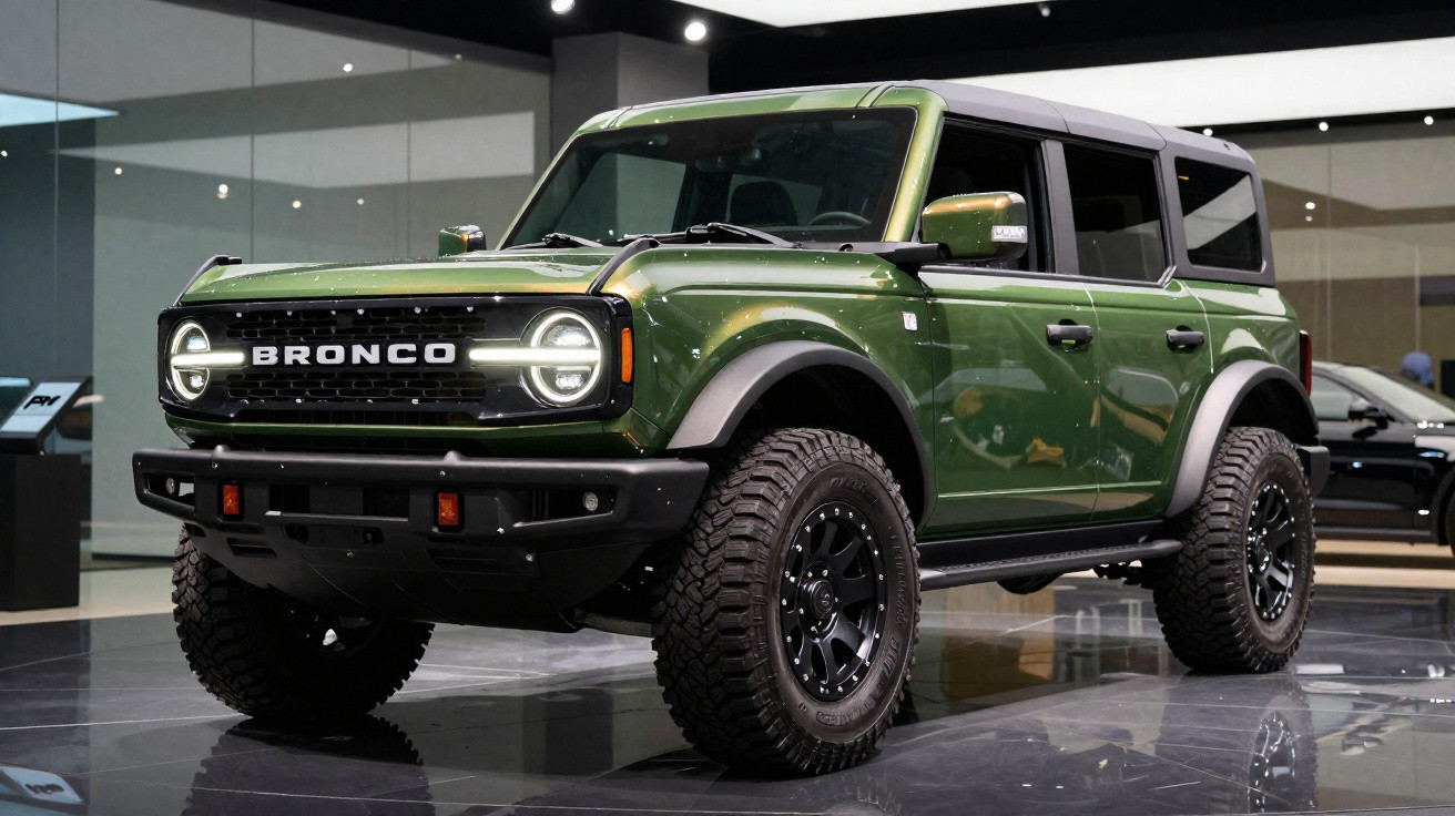 SUV Ford Bronco verde militar exposto em salão automotivo com faróis de LED circulares ligados.