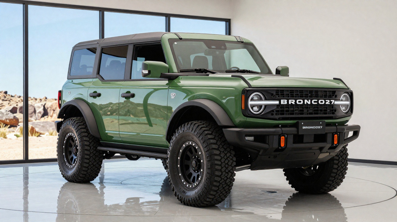SUV verde Ford Bronco 2021 estacionado em ambiente interno com grandes janelas e piso brilhante.