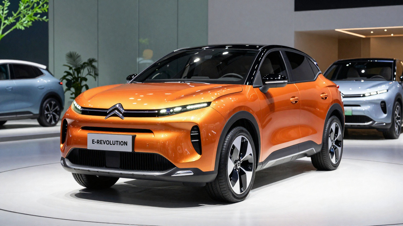 Carro elétrico Citroën E-Revolution laranja em exposição automotiva moderna.