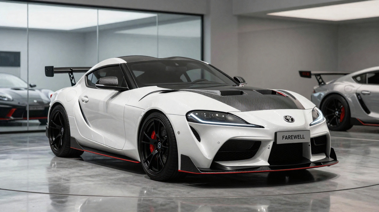 Carro esportivo Toyota GR Supra branco com detalhes em carbono em showroom moderno com piso reflexivo.