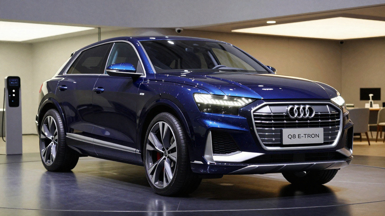 Carro elétrico Audi Q8 E-Tron azul em exibição em ambiente interno iluminado.