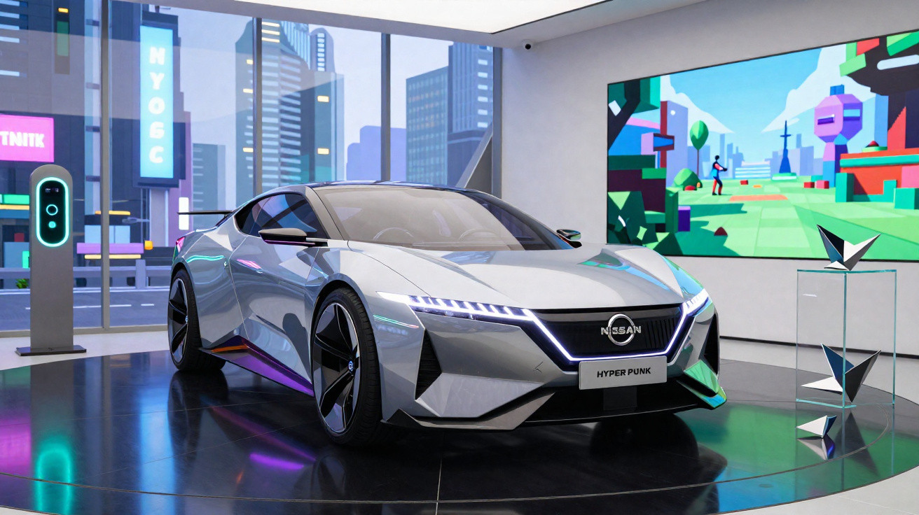Carro conceito Nissan Hyperpunk prata em exibição em ambiente moderno com telas digitais ao fundo