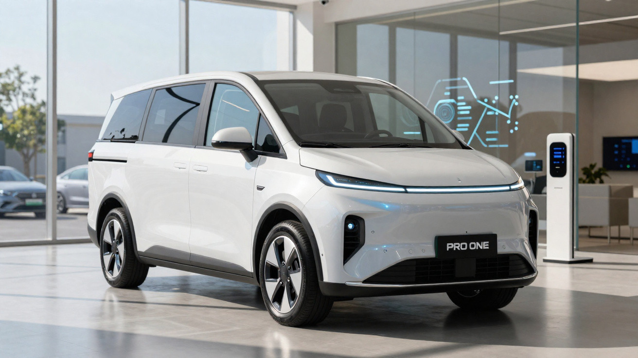 Van elétrica branca modelo PRO ONE estacionada em showroom moderno com vidro e luz natural.