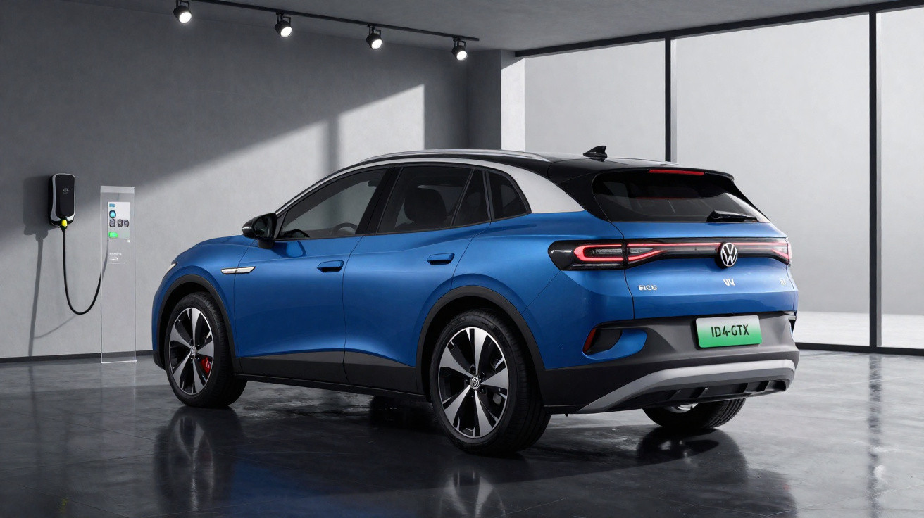 SUV elétrico Volkswagen ID.4 GTX azul carregando em estação dentro de garagem moderna.