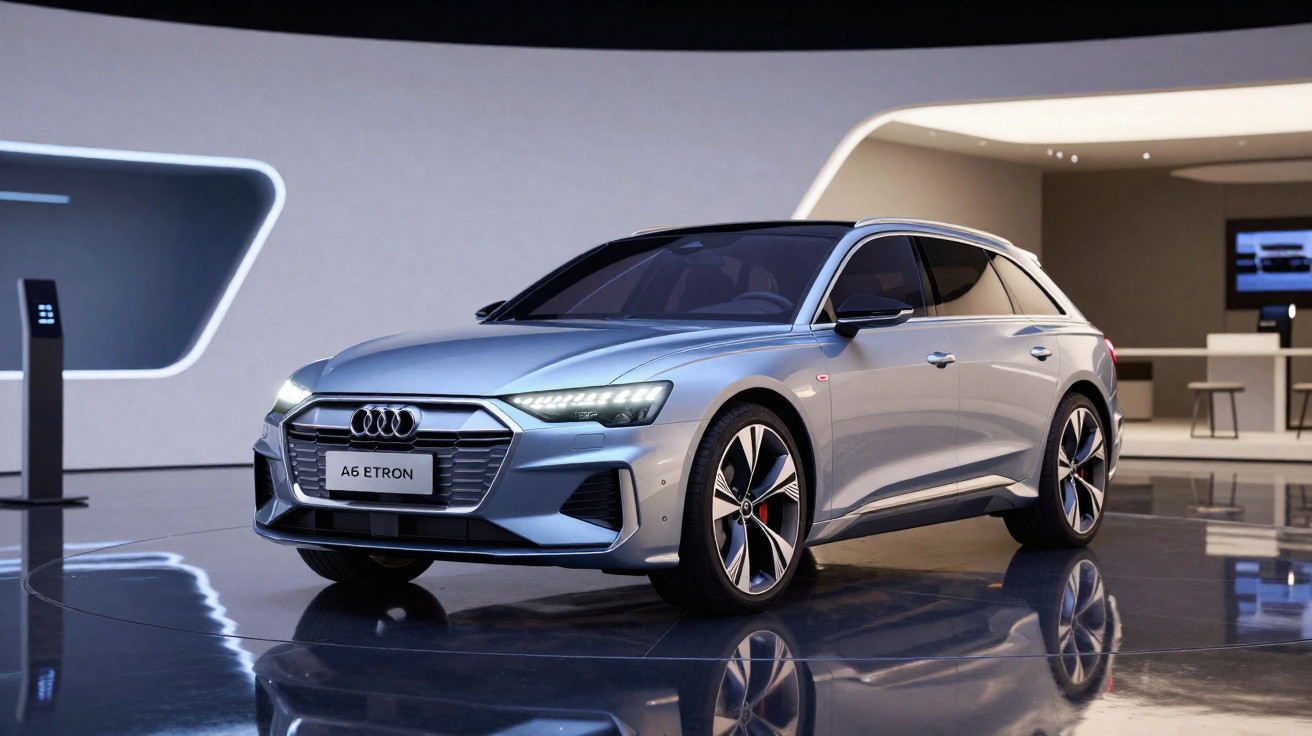 Carro elétrico Audi A6 e-tron prata em exposição moderna com piso espelhado em ambiente interno.