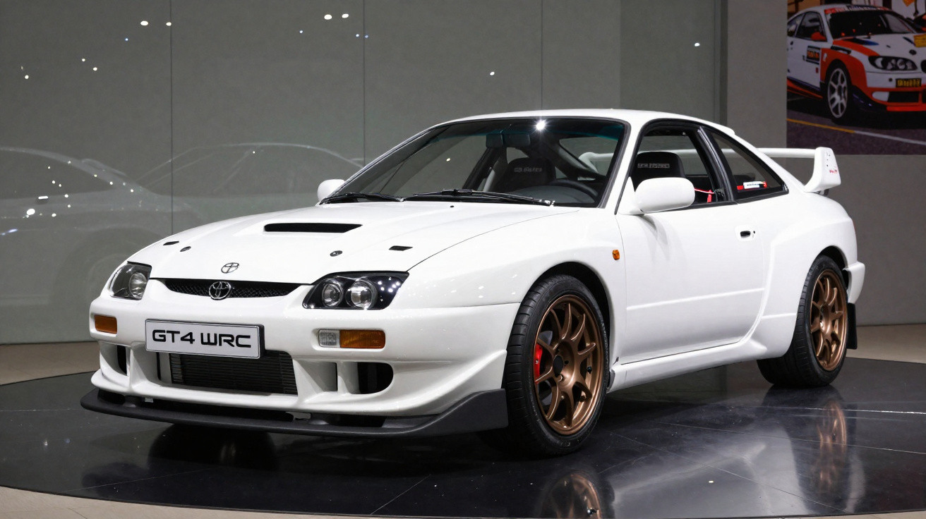 Carro esportivo branco Toyota GT4 WRC exibido em salão de automóveis com rodas bronze e aerofólio traseiro.