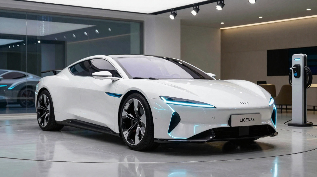 Carro esportivo elétrico branco com luzes azuis, estacionado em showroom moderno e conectado a carregador elétrico.