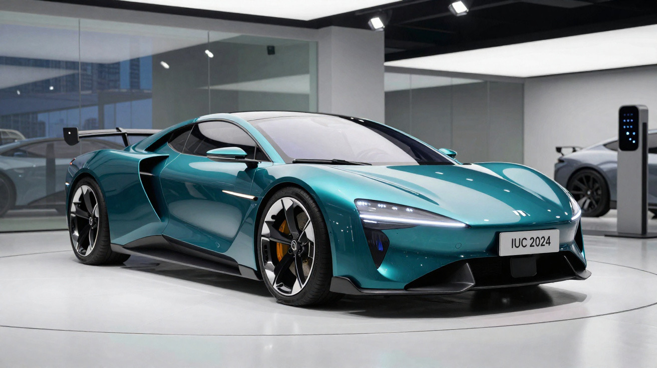 Carro esportivo elétrico azul metálico exposto em showroom moderno e iluminado.