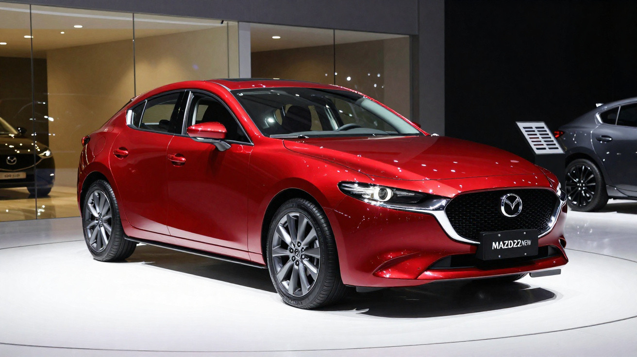Carro Mazda 3 vermelho expositor em ambiente interno com iluminação focada e carro cinza ao fundo.