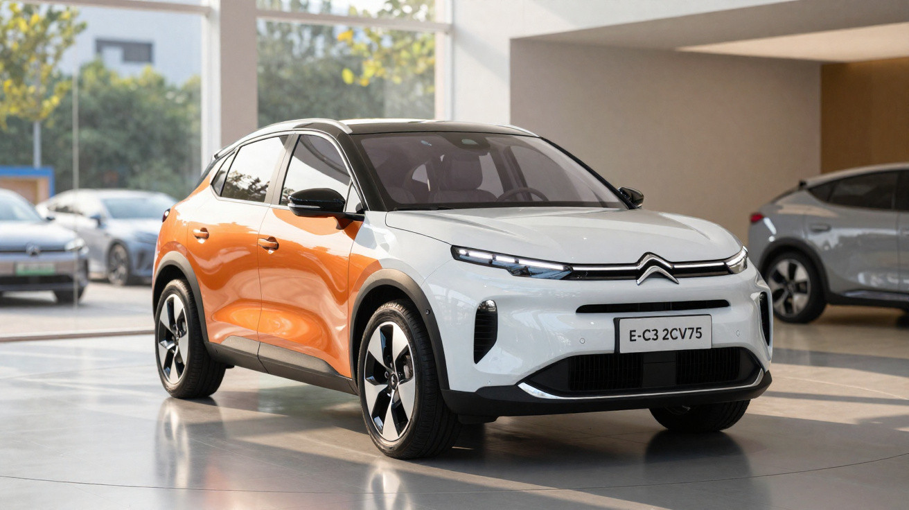 Carro Citroën E-C3 branco e laranja exibido em showroom moderno com grandes janelas e iluminação natural.