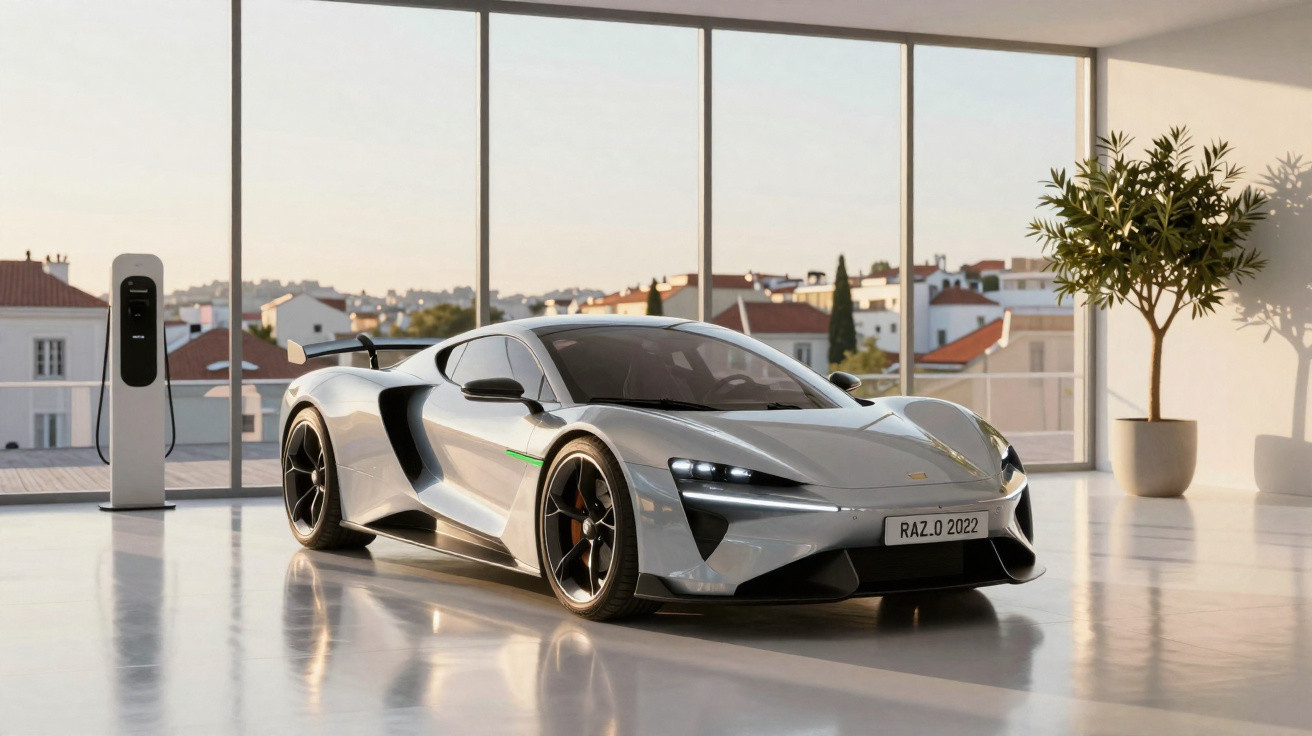 Carro esportivo elétrico prata estacionado em garagem moderna com janela grande e carregador de bateria.