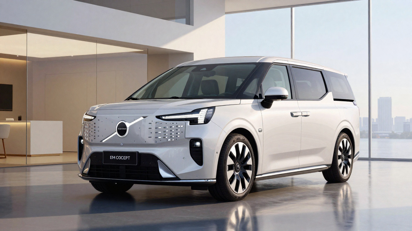 Carro elétrico branco Volvo EM Concept estacionado em ambiente interno moderno, com grandes janelas ao fundo.
