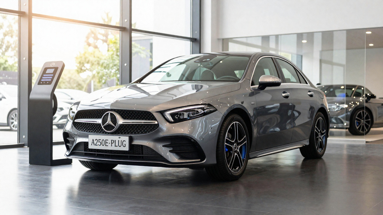 Carro sedan Mercedes-Benz cinza estacionado em showroom moderno com estação de carregamento elétrica ao lado.