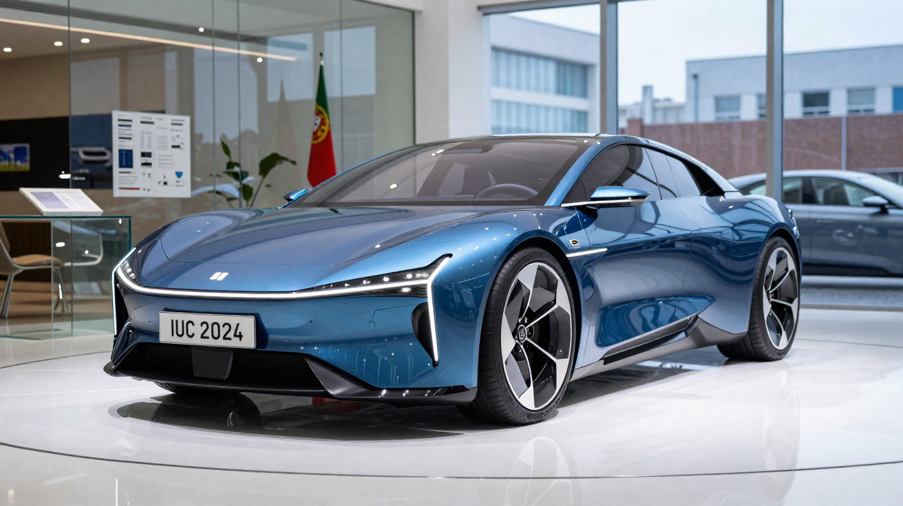 Carro esportivo elétrico azul exibido em showroom moderno com design aerodinâmico e faróis de LED.