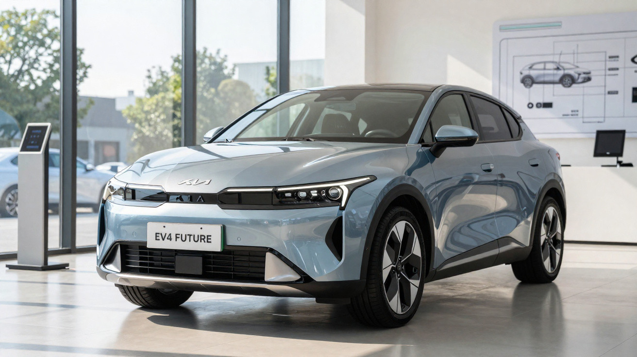 Carro elétrico Kia EV4 Future azul em exposição dentro de showroom moderno e iluminado.