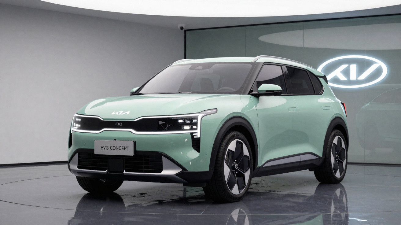 Carro elétrico Kia EV3 Concept verde claro em estúdio minimalista com logotipo da Kia ao fundo.