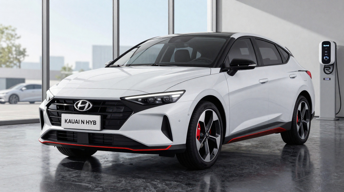 Carro branco Hyundai Kauai N Hybrid estacionado em garagem moderna ao lado de carregador elétrico.