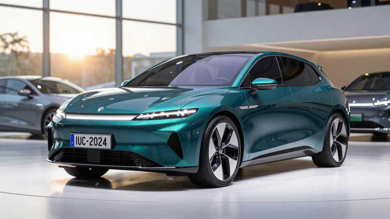 Carro elétrico verde em exibição dentro de salão moderno com luz natural ao fundo.