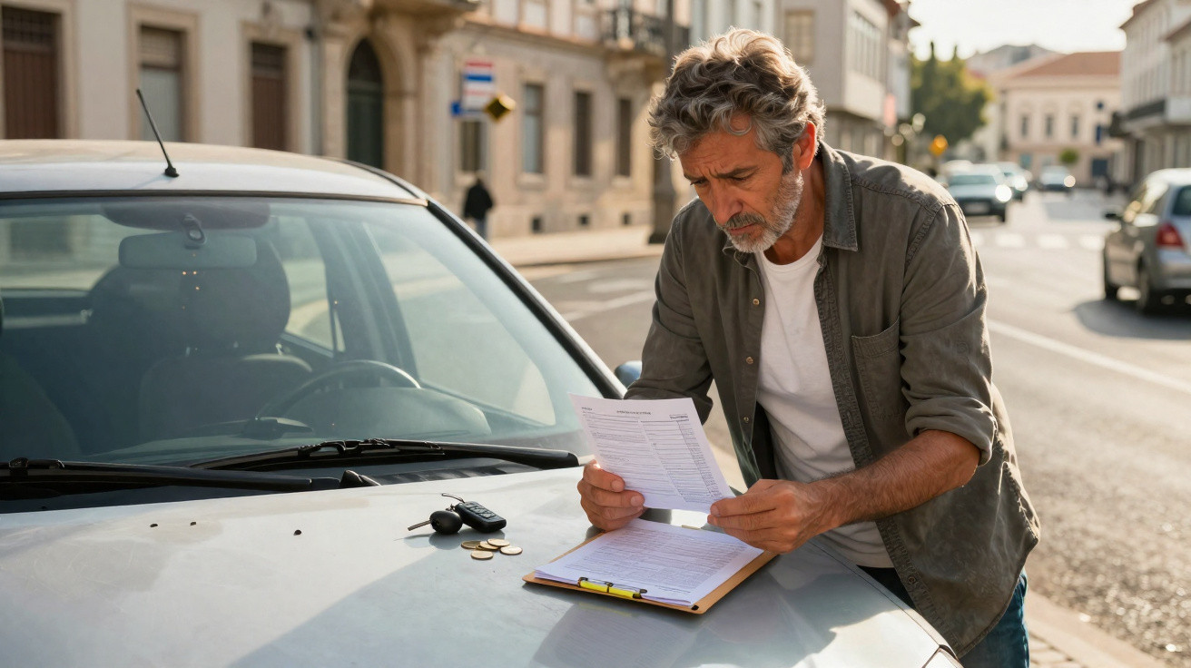 Homem preocupado analisando documentos sobre o capô do carro estacionado em rua urbana.