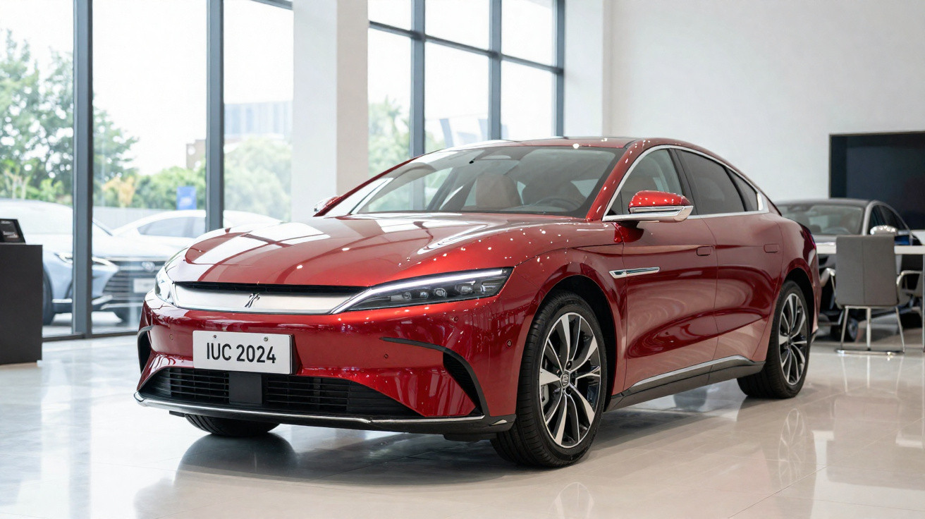 Carro esportivo vermelho moderno exposto em showroom com grandes janelas ao fundo.