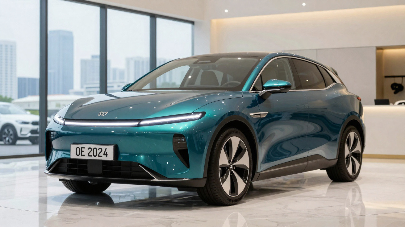 Carro elétrico azul em exposição interna com janelas grandes e piso branco brilhante.