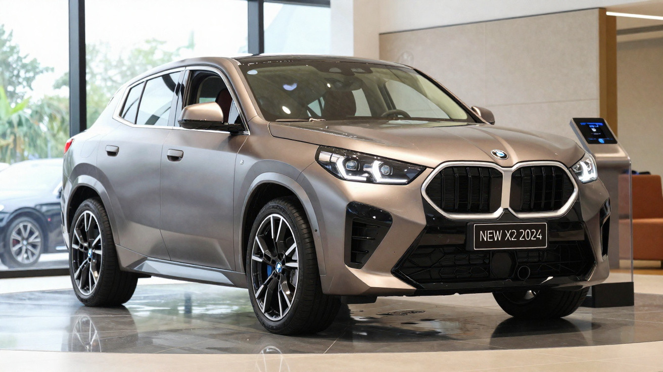 BMW New X2 2024 cinza exibido em salão de carro com iluminação interna.