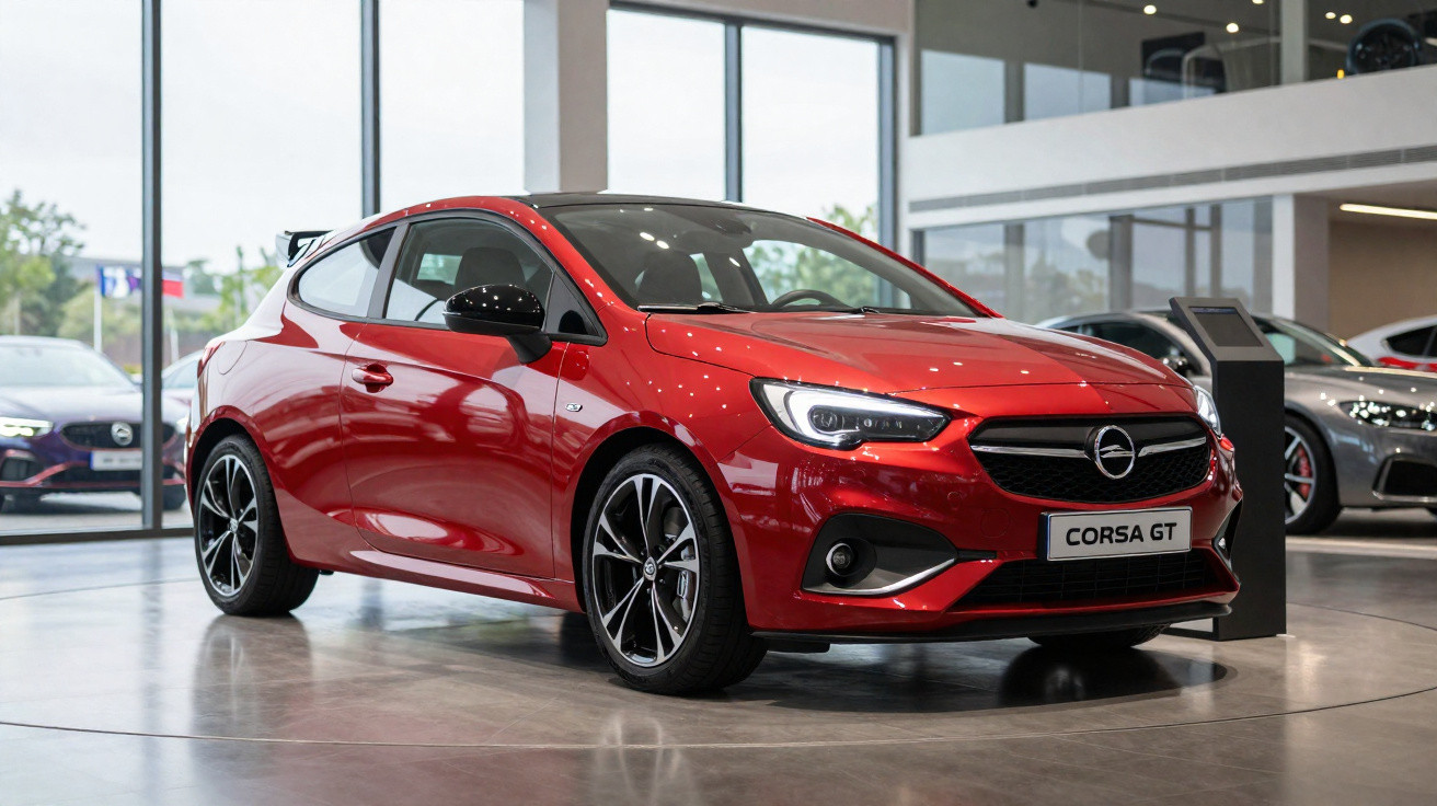 Carro esportivo vermelho Opel Corsa GT exibido em showroom moderno com piso de cimento polido.