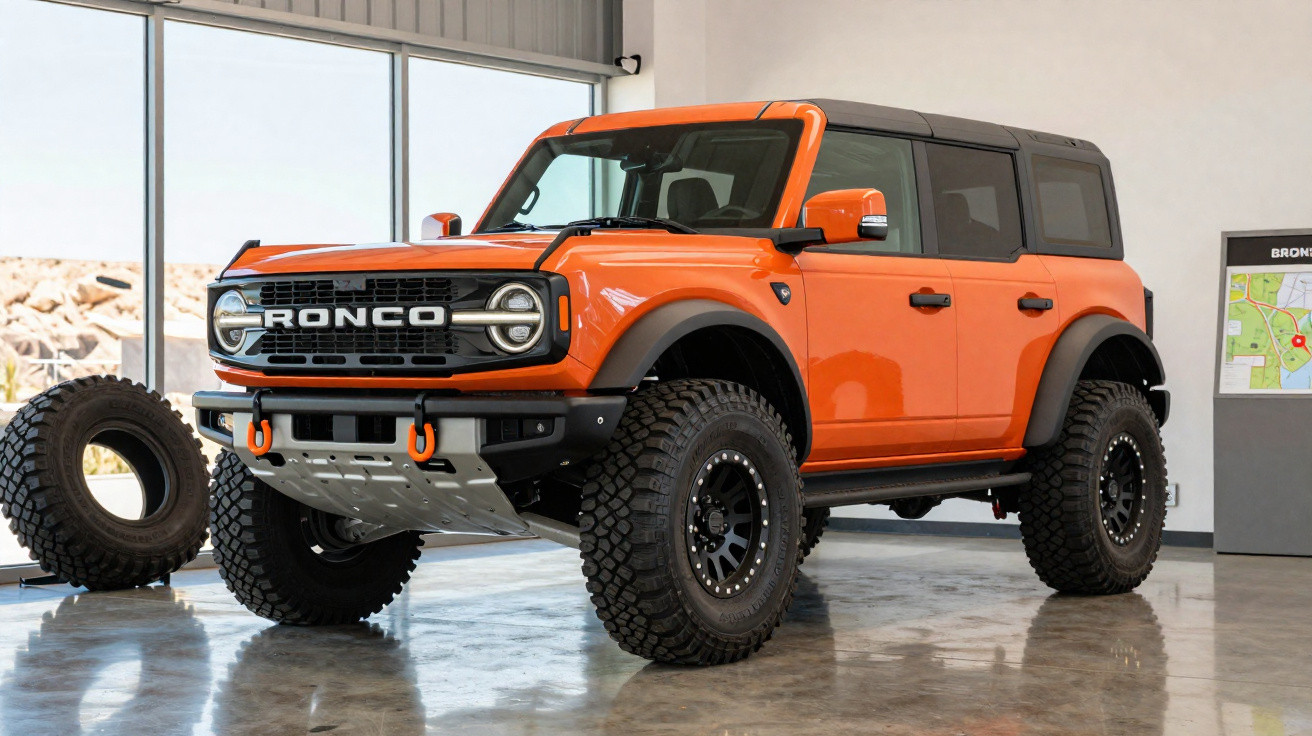 SUV Ford Bronco laranja estacionado em showroom com pneus off-road e teto preto.