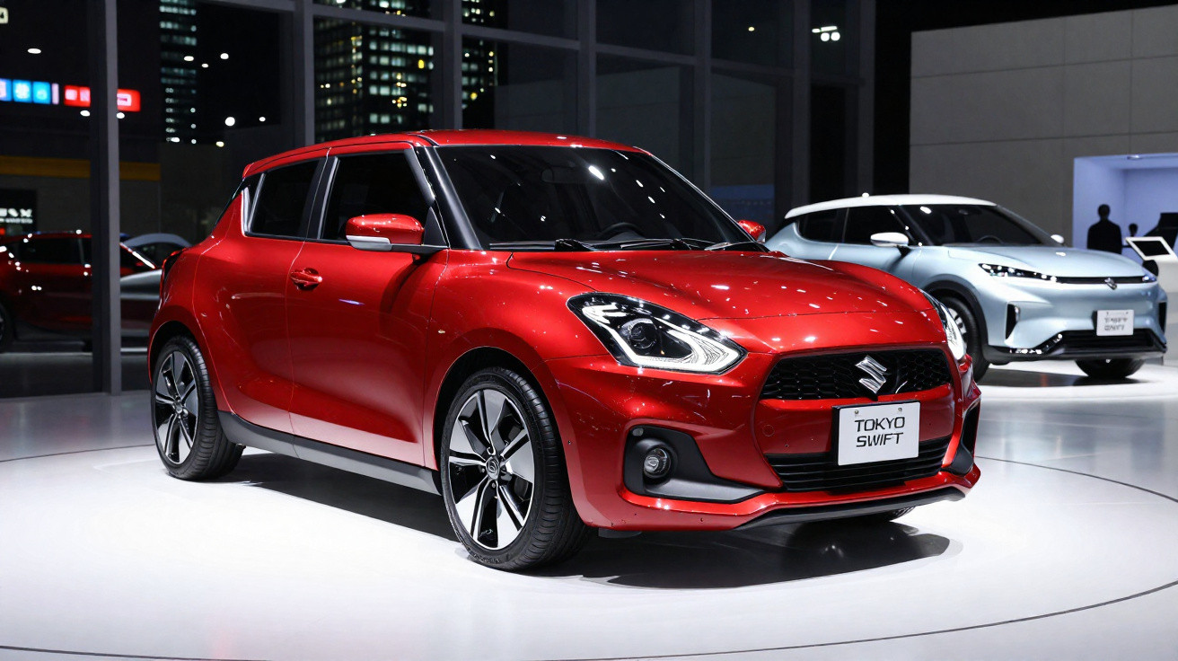 Carro vermelho Suzuki Swift exposto em salão automotivo com modelo branco ao fundo.