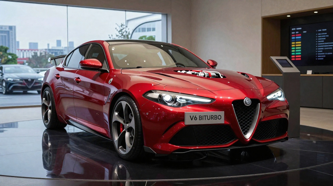Carro esportivo Alfa Romeo vermelho com motor V6 Biturbo exposto em showroom moderno.