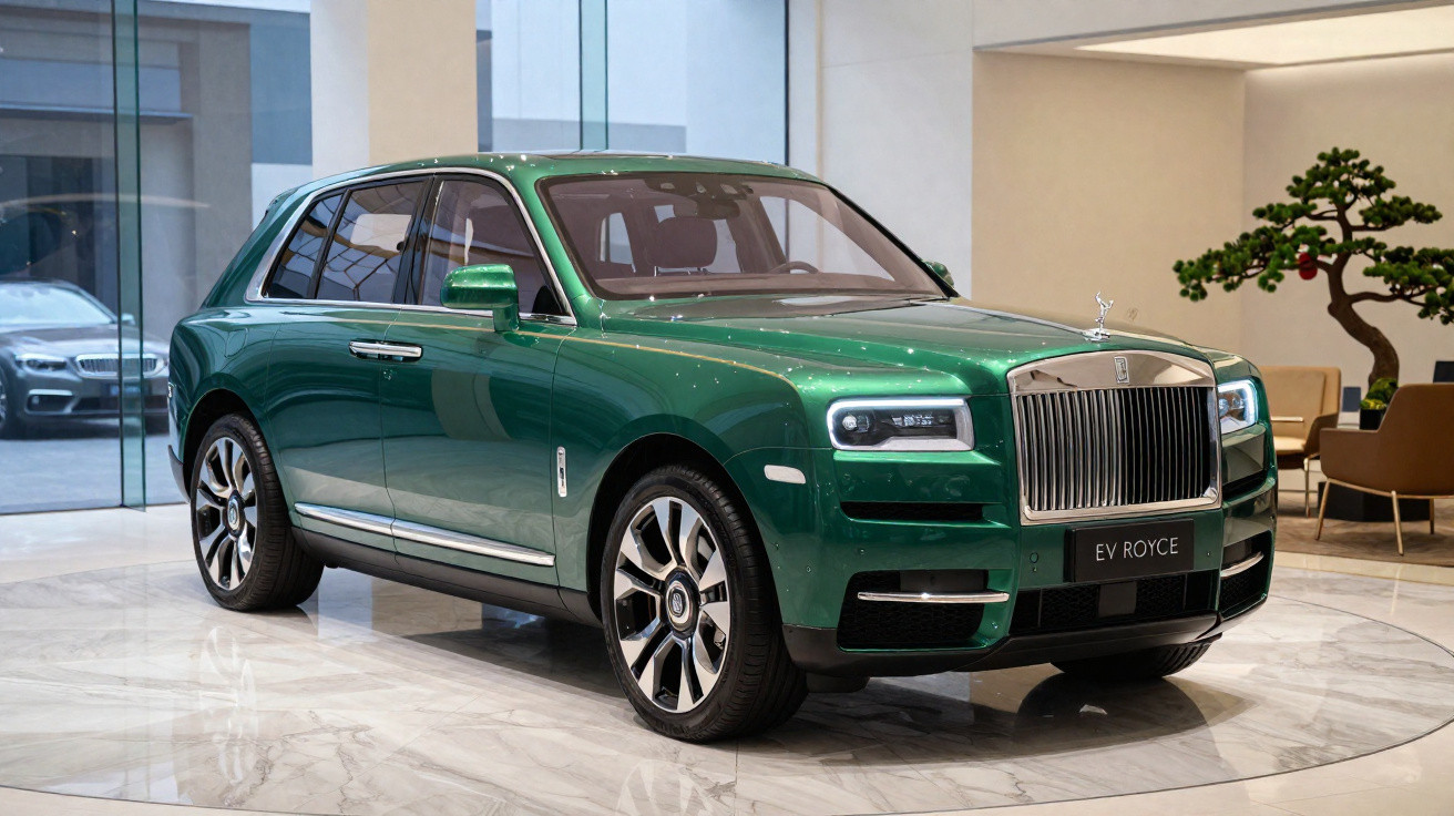 Carro elétrico SUV verde Rolls-Royce EV Royce em exposição dentro de showroom moderno.