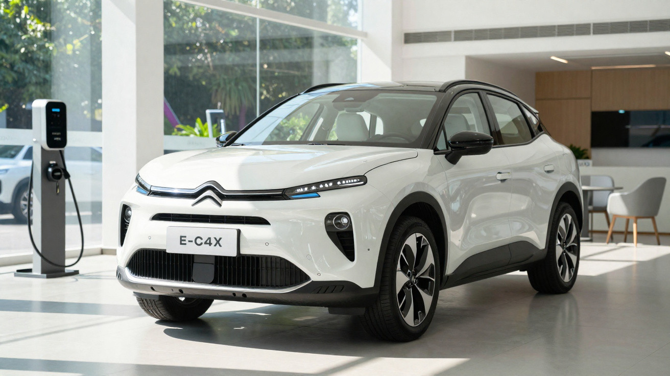 Carro elétrico branco Citroën E-C4X estacionado em showroom próximo a carregador de energia.